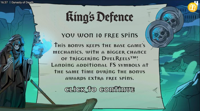 Dynasty of Death - início dos Free Spins King's Defence